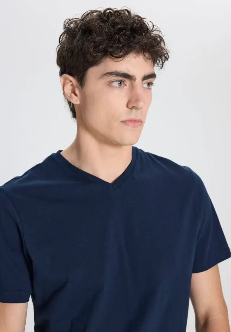 Altınyıldız Classics Erkek Lacivert Slim Fit Dar Kesim %100 Pamuk V Yaka Tişört