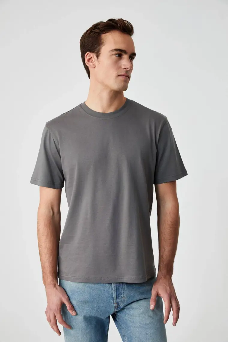 Grimelange Solo Erkek  Organik Pamuklu Kalın Dokulu Comfort Fit Bisiklet Yakalı Gri T-Shirt