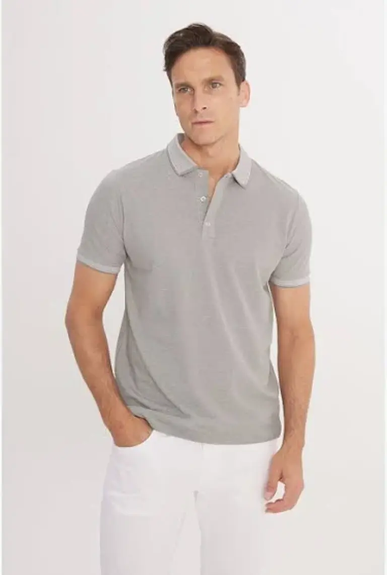 Altınyıldız Classics AC&Co / Altınyıldız Classics Erkek Çekmeyen Pamuklu Kumaş Slim Fit Dar Kesim Gri Kıvrılmaz Polo Yaka T-shirt