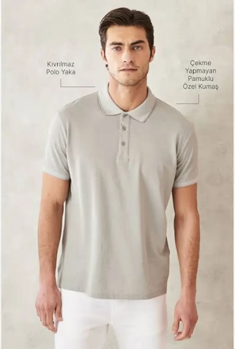 Altınyıldız Classics AC&Co / Altınyıldız Classics Erkek Çekmeyen Pamuklu Kumaş Slim Fit Dar Kesim Gri Kıvrılmaz Polo Yaka T-shirt