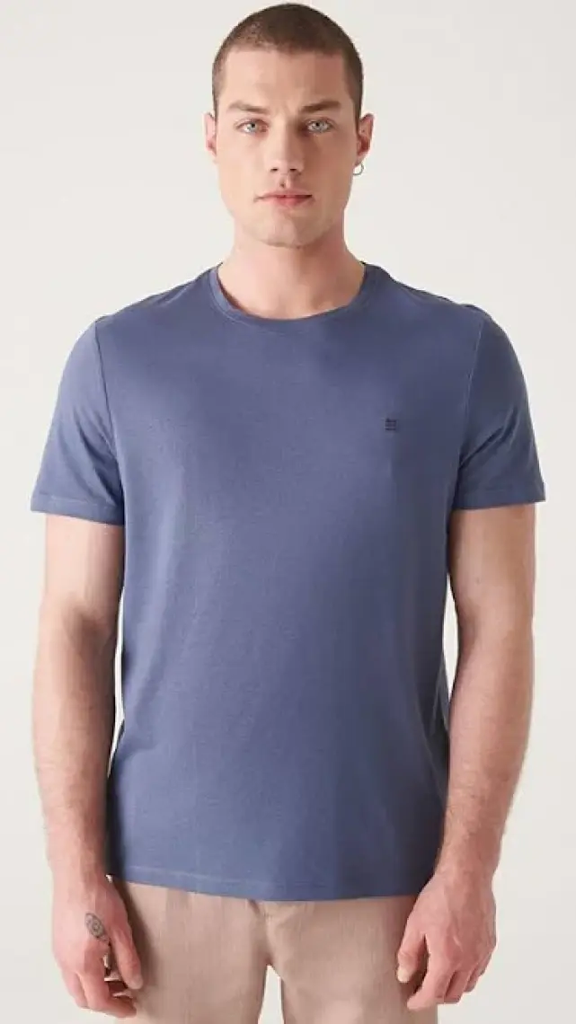 AVVA Erkek Indigo Soft Touch Bisiklet Yaka Düz Modal T-shirt B001171