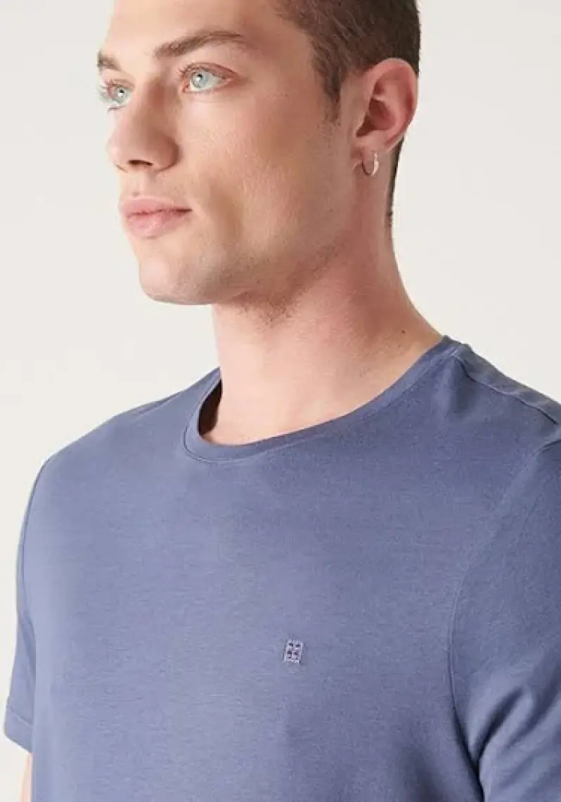 AVVA Erkek Indigo Soft Touch Bisiklet Yaka Düz Modal T-shirt B001171