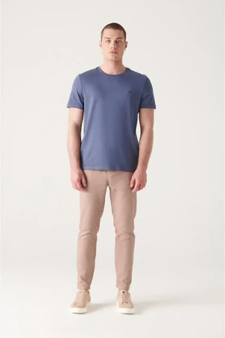 AVVA Erkek Indigo Soft Touch Bisiklet Yaka Düz Modal T-shirt B001171