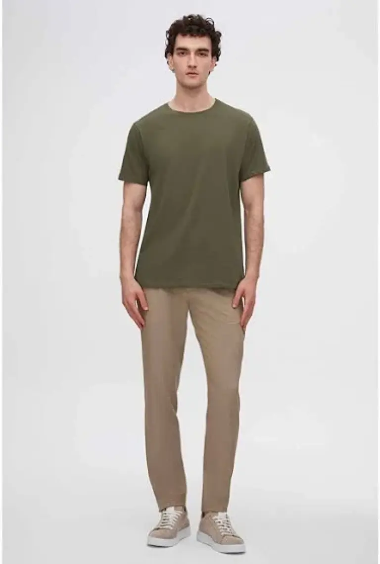 Slim Fit Haki Bisiklet Yaka %100 Pamuklu Nefes Alabilen T-shirt 4HC141996753M