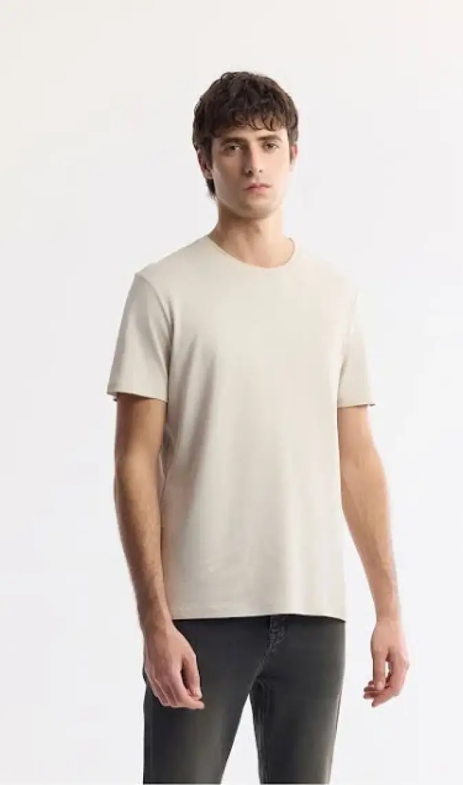 AVVA Erkek Bej Soft Touch Bisiklet Yaka Düz Modal T-shirt B001171
