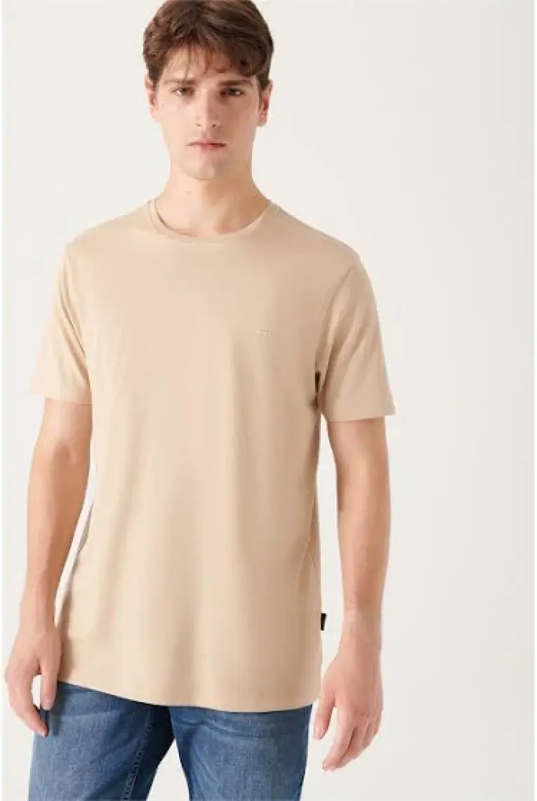 AVVA Erkek Bej Soft Touch Bisiklet Yaka Düz Modal T-shirt B001171
