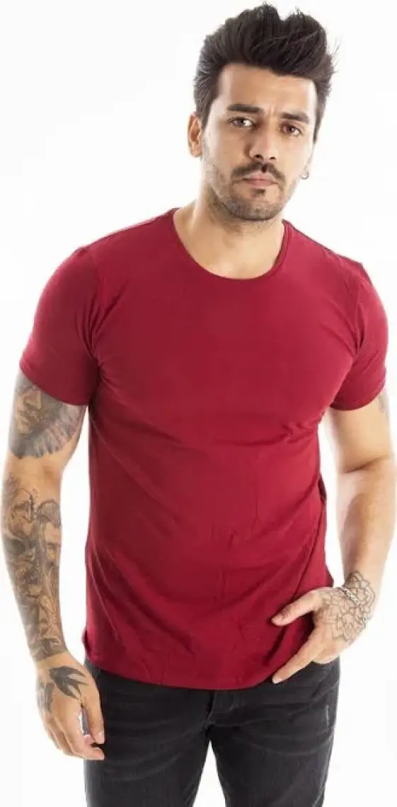 DeepSEA Bordo Erkek/Unisex Slim Fit Dar Kesim Bisiklet Yaka Pamuklu Likralı Basic Tişört 1801131