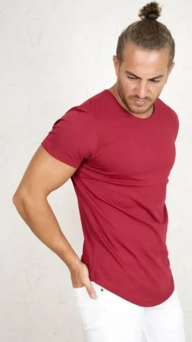 DeepSEA Bordo Erkek/Unisex Slim Fit Dar Kesim Bisiklet Yaka Pamuklu Likralı Basic Tişört 1801131
