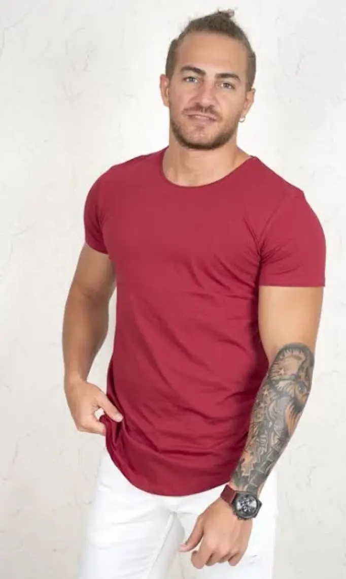 DeepSEA Bordo Erkek/Unisex Slim Fit Dar Kesim Bisiklet Yaka Pamuklu Likralı Basic Tişört 1801131