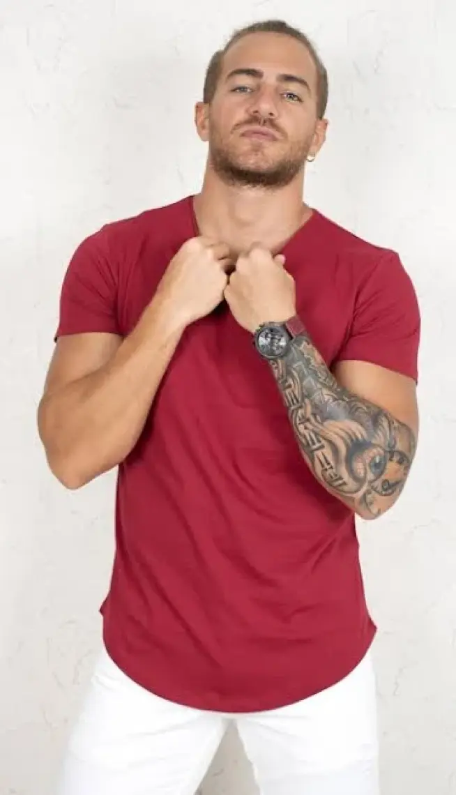 DeepSEA Bordo Erkek/Unisex Slim Fit Dar Kesim Bisiklet Yaka Pamuklu Likralı Basic Tişört 1801131