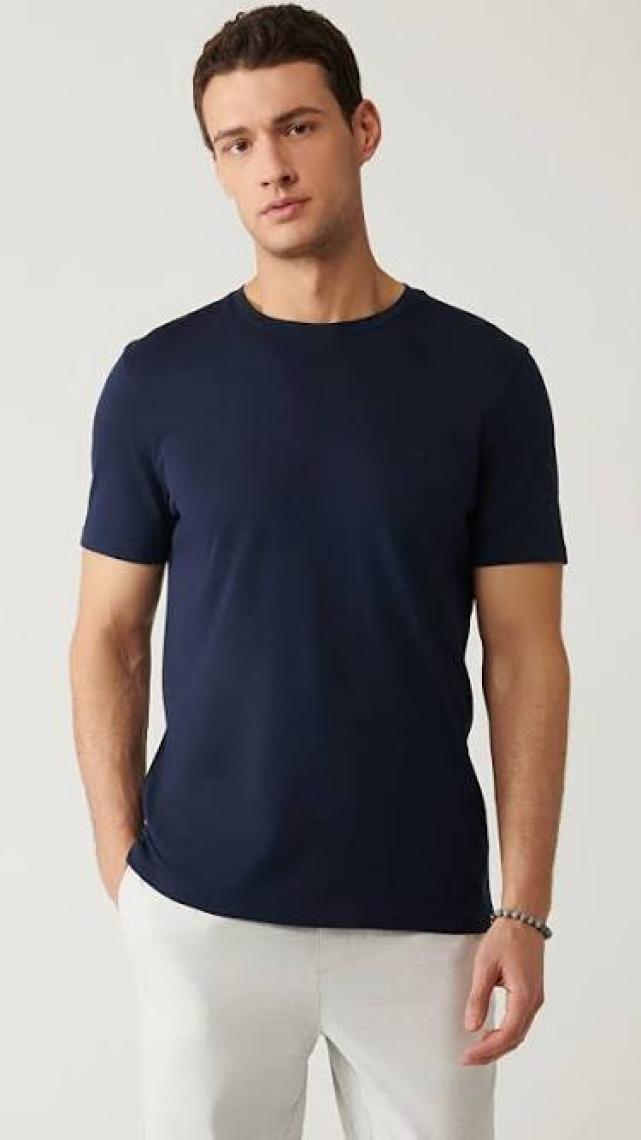 AVVA Erkek Lacivert Soft Touch Bisiklet Yaka Düz Modal T-shirt B001171