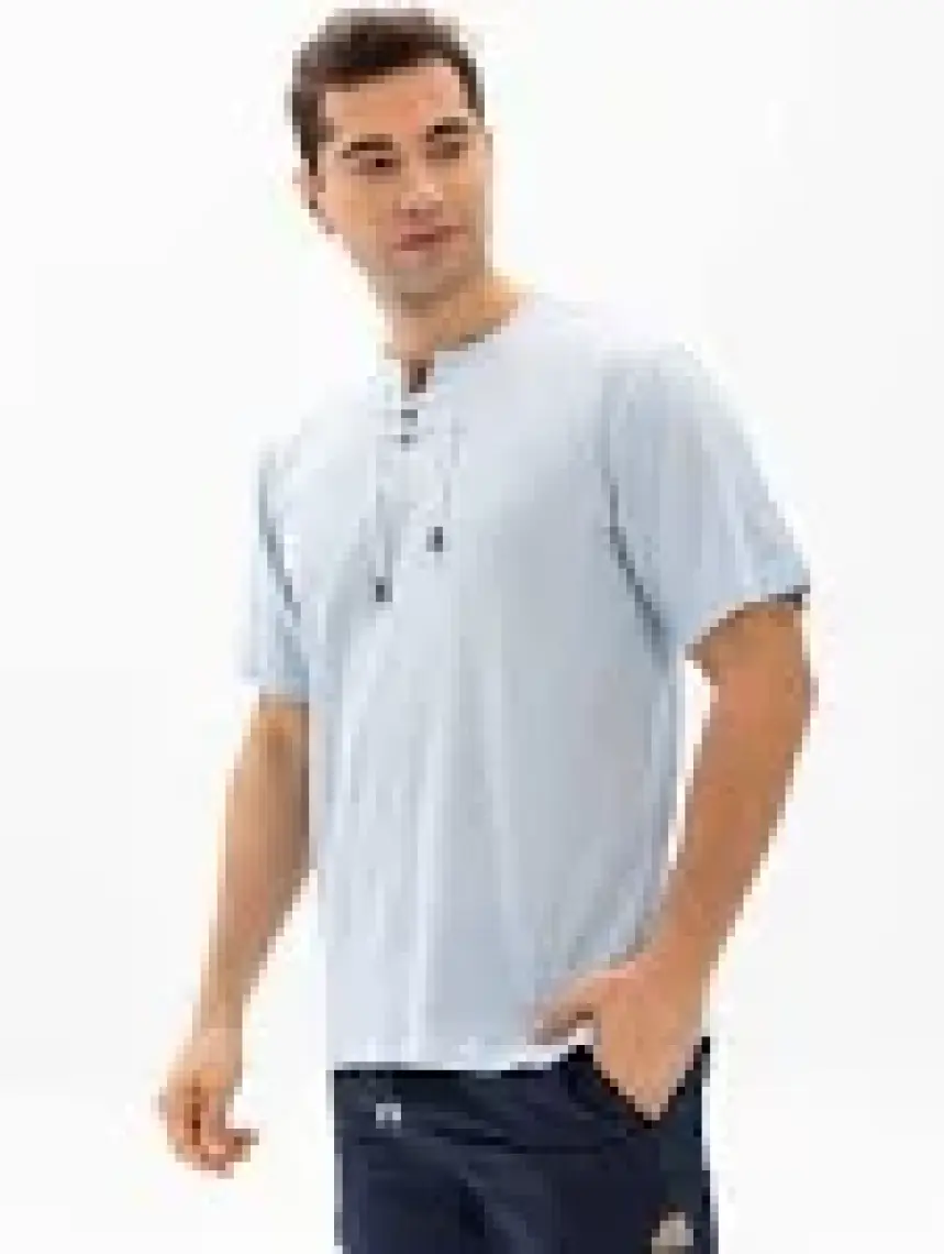Eliş Şile Bezi Kısa Kol Şile Bezi Zımbalı Erkek Tshirt Buz Mavi