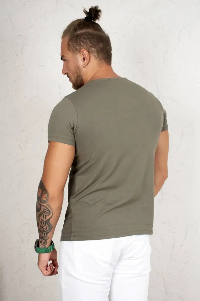 DeepSEA Haki Erkek/Unisex Slim Fit Dar Kesim Bisiklet Yaka Pamuklu Likralı Basic Tişört 1801131
