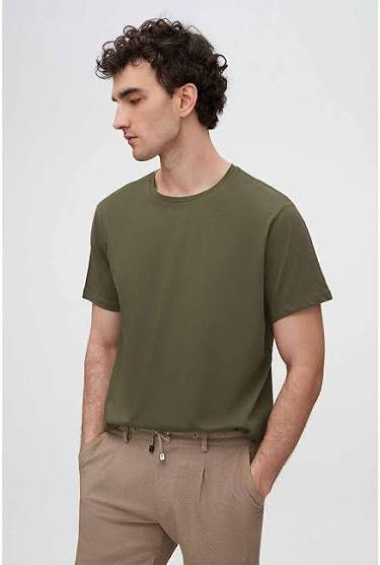 Slim Fit Haki Bisiklet Yaka %100 Pamuklu Nefes Alabilen T-shirt 4HC141996753M