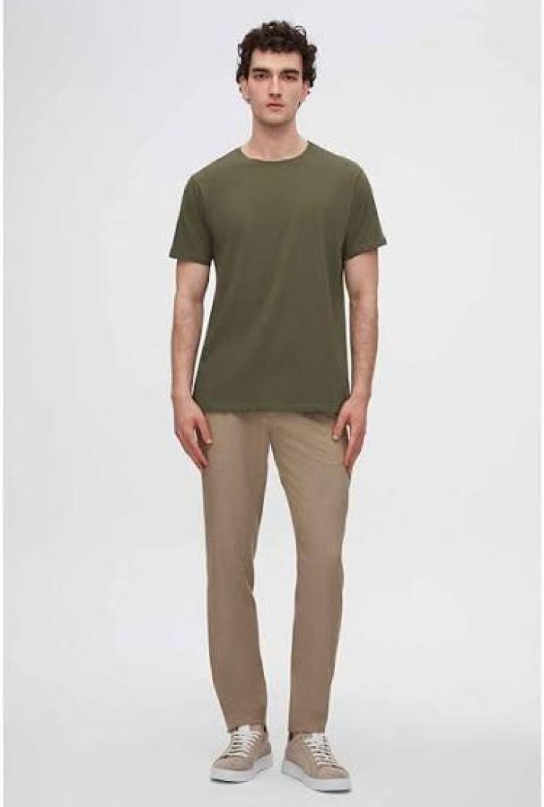 Slim Fit Haki Bisiklet Yaka %100 Pamuklu Nefes Alabilen T-shirt 4HC141996753M