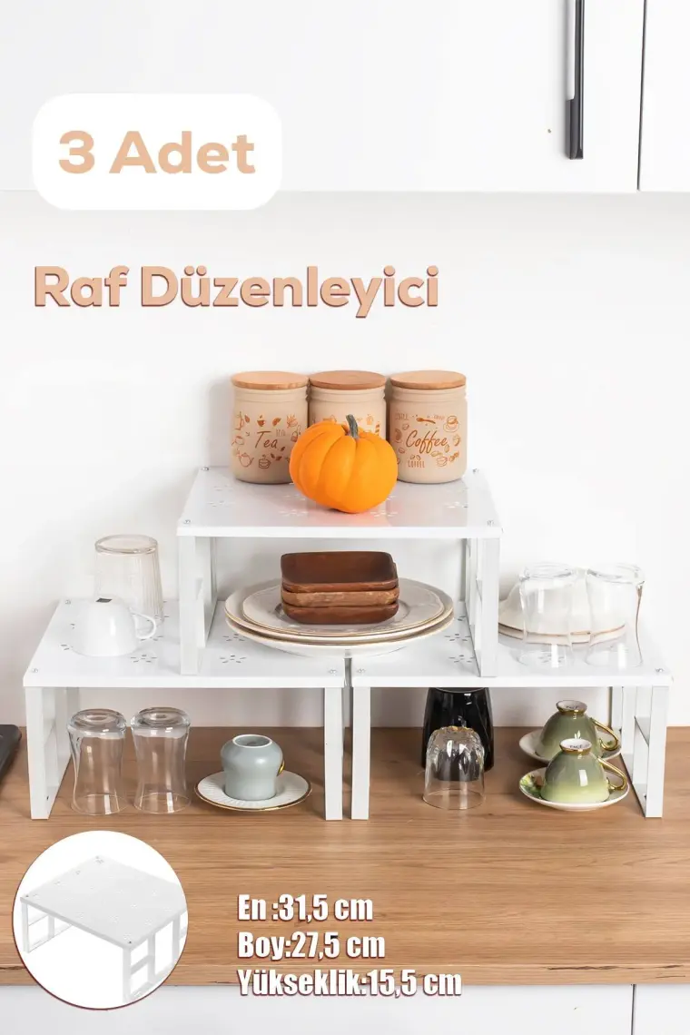 Porsima Org-01 - 3lü Raf Düzenleyici - Dolap Içi Düzenleyici Raf - Mutfak Tabak Bardak Rafı