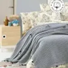 Vionel Home Pamuklu Çift Kişilik Yatak Örtüsü Waffle Desen Ponponlu Gri Pike