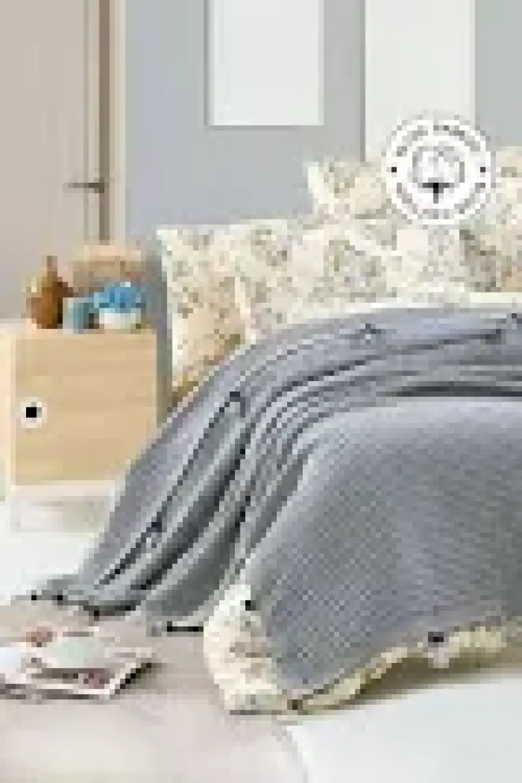 Vionel Home Pamuklu Çift Kişilik Yatak Örtüsü Waffle Desen Ponponlu Gri Pike
