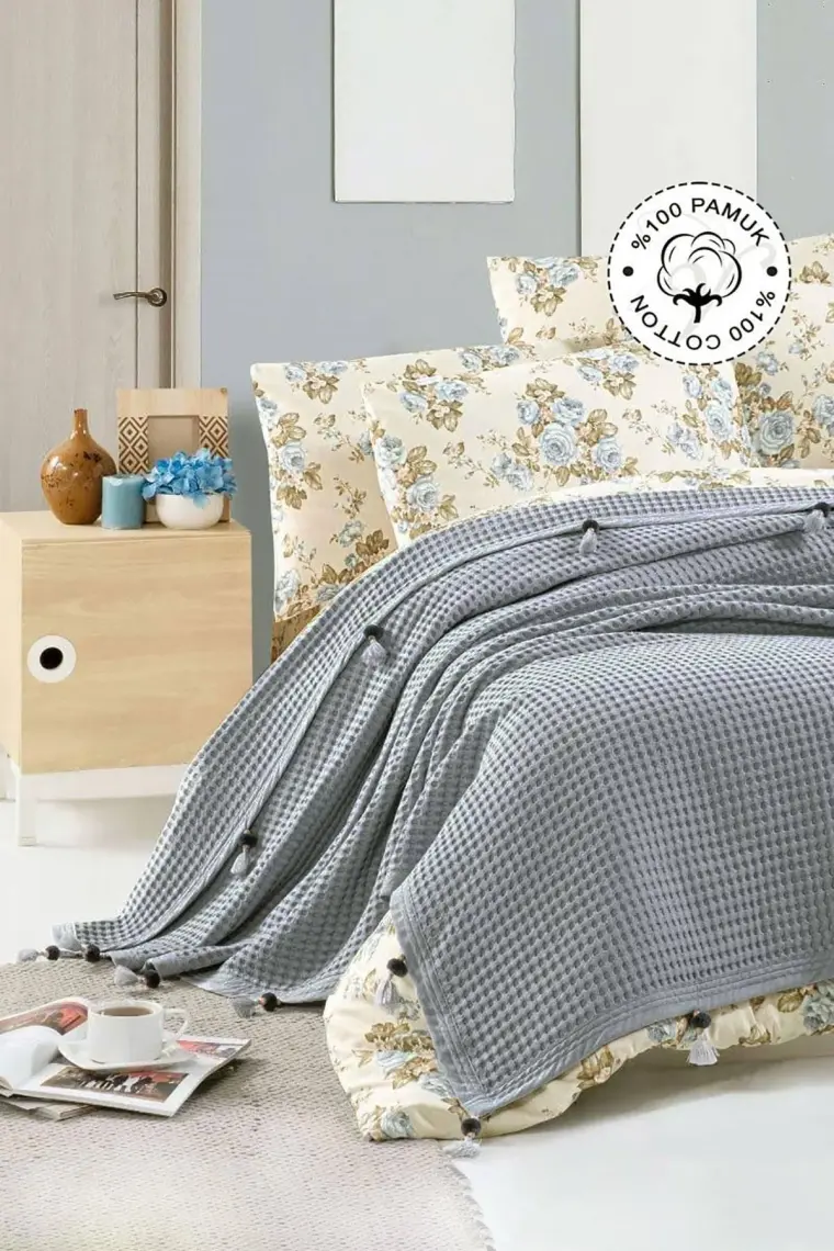 Vionel Home Pamuklu Çift Kişilik Yatak Örtüsü Waffle Desen Ponponlu Gri Pike