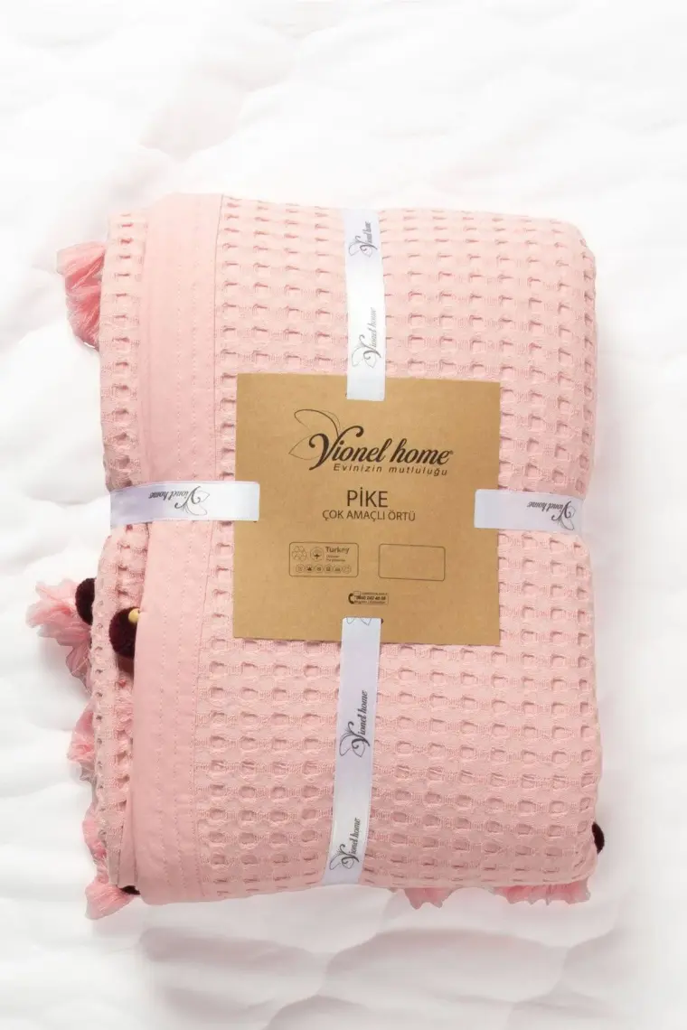 Vionel Home Pamuklu Çift Kişilik Waffle Desen Ponponlu Pembe Pike