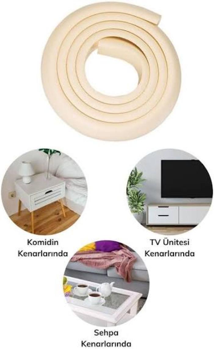 Epazzar  2li Köşelik Set 10'lu Köşe Koruyucu Yastık ve 2 Metre Koruyucu Sarmal Krem Şerit Koruma