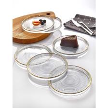 Mediterian 6'lı Şeffaf Cam Pasta Tabağı Seti, Yaldızlı, 16 cm, Şık ve Zarif Tasarım