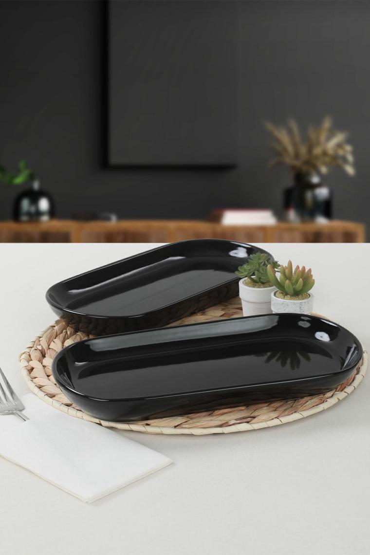 Siyah Noyan Kayık Tabak 28 Cm 2 Adet