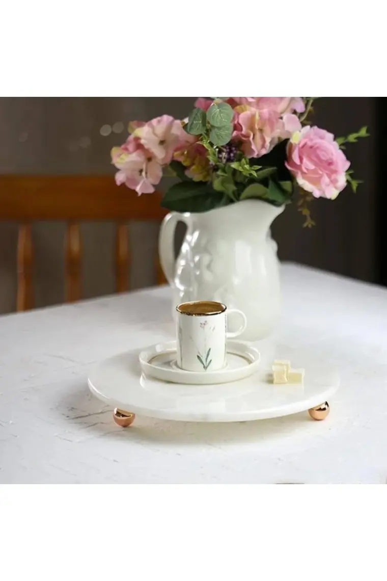 Akayev   Mermer 25 cm Rose Gold Boncuk Ayaklı Beyaz Yuvarlak Sunumluk