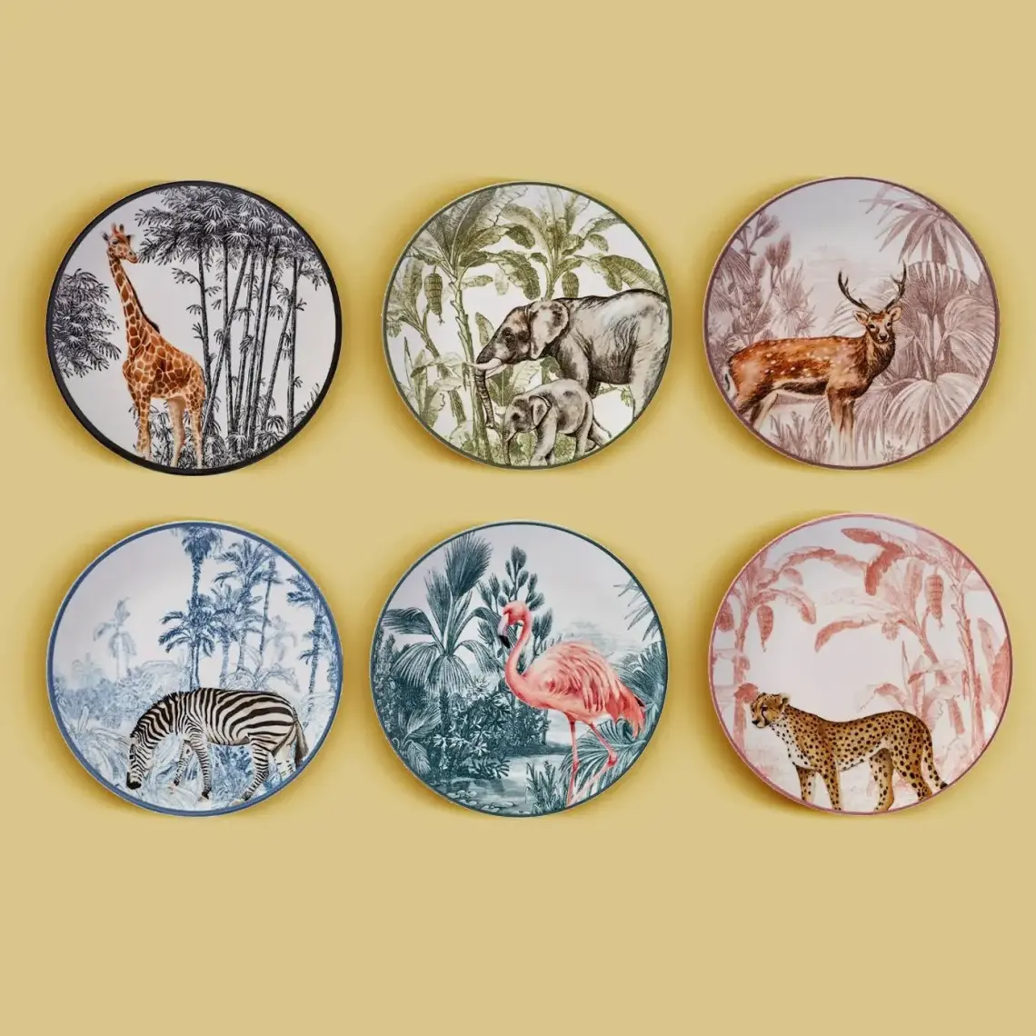 Karaca Jungle Tropikal Desenli 22 cm'lik Renkli Porselen Pasta Tabağı Takımı - 6 Parça