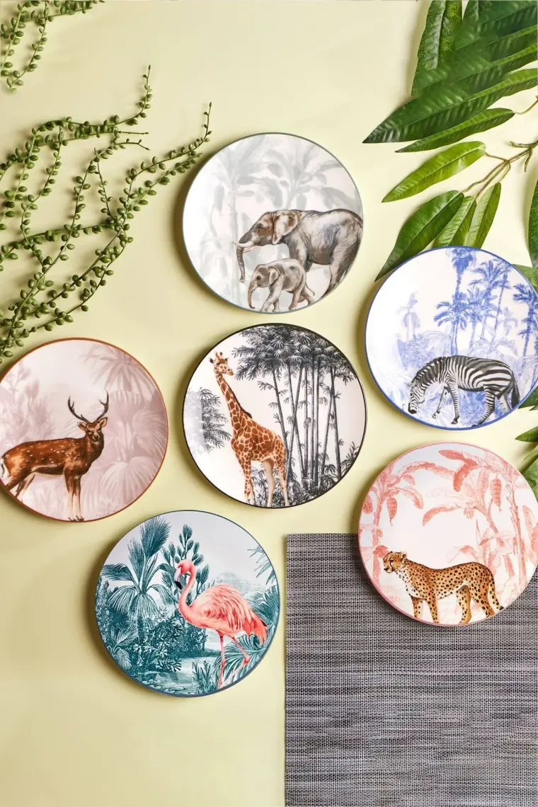 Karaca Jungle Tropikal Desenli 22 cm'lik Renkli Porselen Pasta Tabağı Takımı - 6 Parça