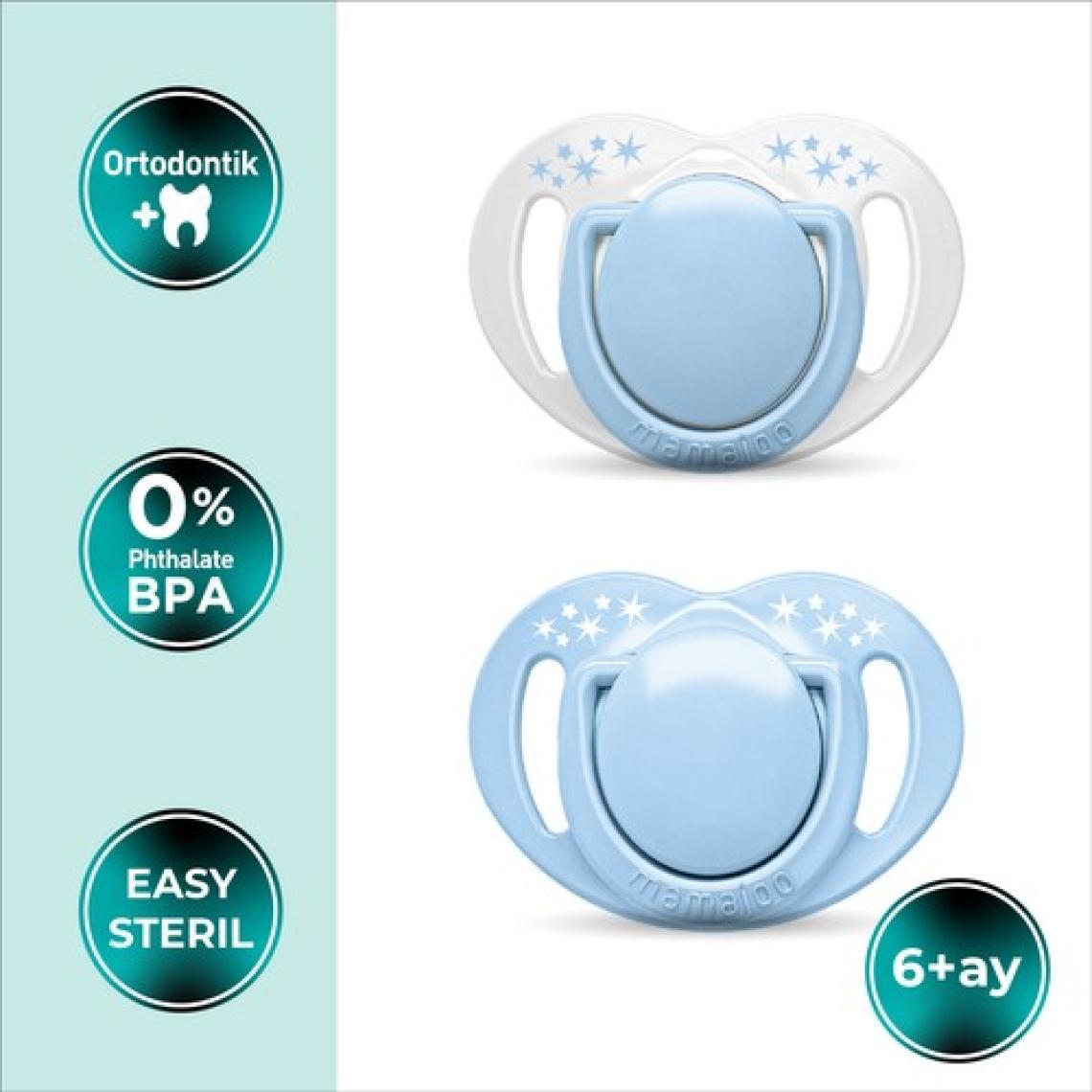Mamajoo Ortodontik Damaklı Emzik, Powder Blue, 6+ Ay, Emzik Saklama & Sterilizasyon Kutulu, İkili Set