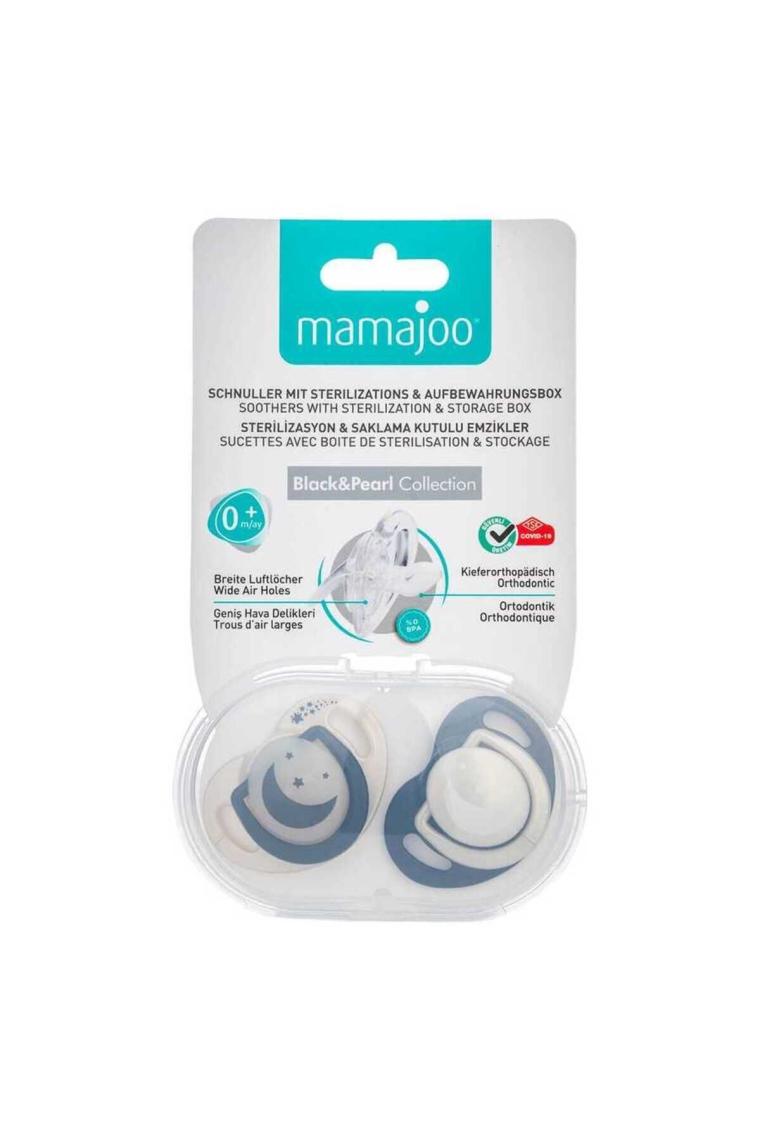 Mamajoo Sterilizasyon  Saklama Kutulu Pearl  Black Desenli İkili Ortodontik Emzik Gece  Gündüz / 0 Ay+