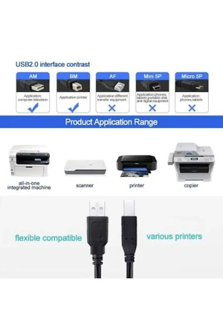 Ancheyn USB Yazıcı Printer Ara Bağlantı Kablosu USB 2.0 Yüksek Hız 3 Metre 4912