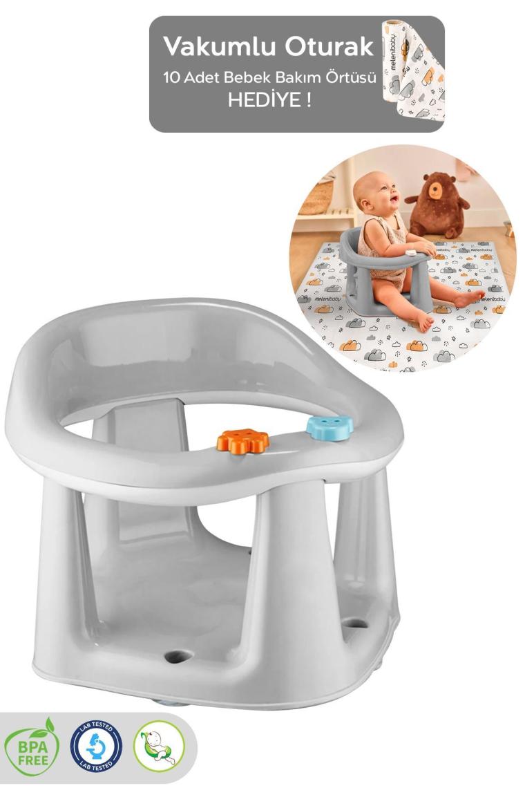 Vakum Tabanlı Bebek Mama Sandalye Oturağı Oyuncaklı Banyo Oturağı Alt Açma Örtüsü Hediyeli Gri