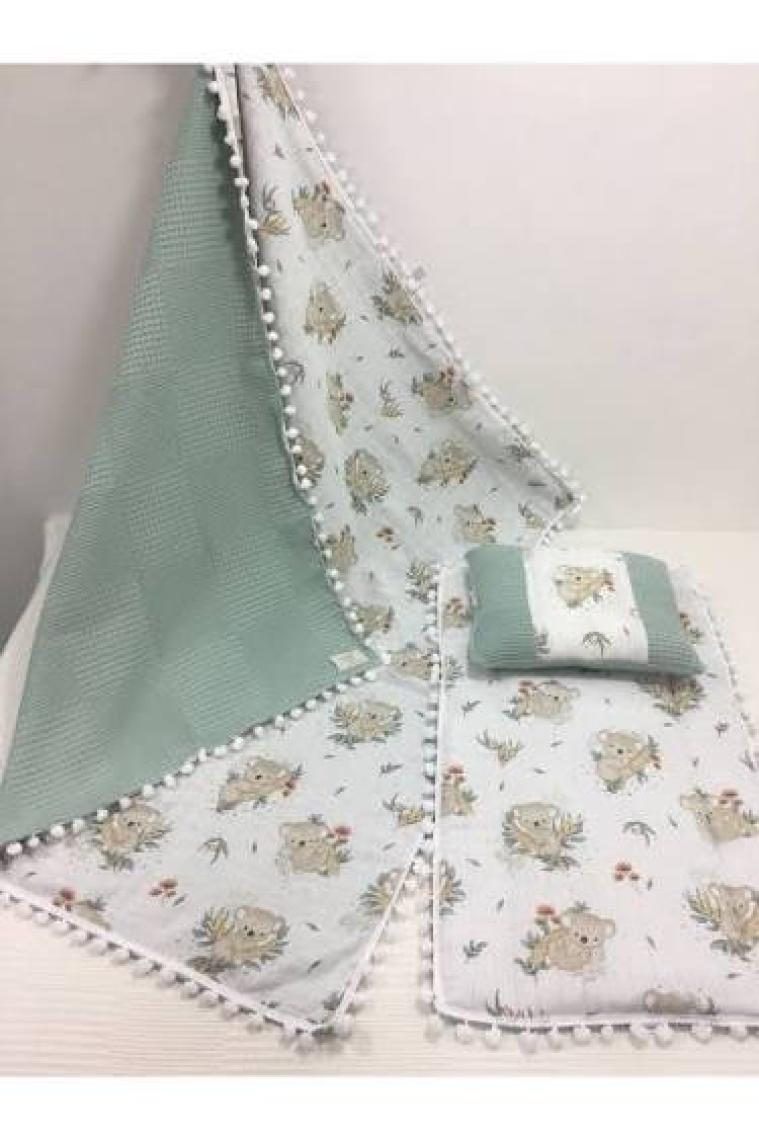 Buse Baby Home Yeşil , Müslin ve Ponponlu Alt Açma , Yastık ve Battaniye 3'lü Set
