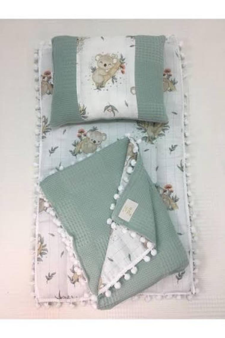 Buse Baby Home Yeşil , Müslin ve Ponponlu Alt Açma , Yastık ve Battaniye 3'lü Set