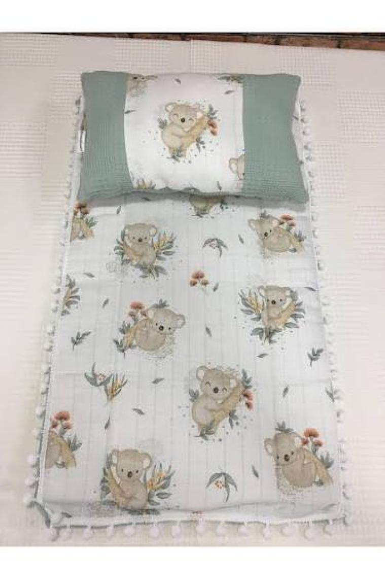 Buse Baby Home Yeşil , Müslin ve Ponponlu Alt Açma , Yastık ve Battaniye 3'lü Set