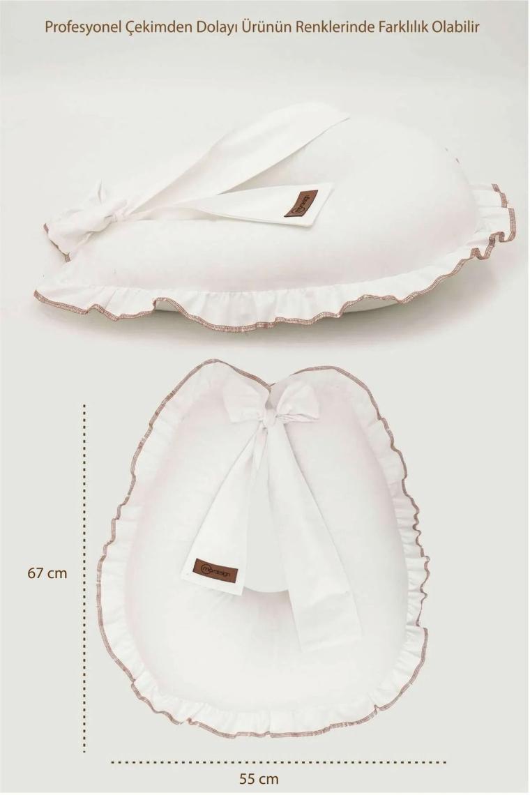 Fırfırlı Emzirme Yastığı, Bebek Destek Minderi, Hamile Yastığı, Pamuk Kumaş, Ruffle Seri, Beyaz