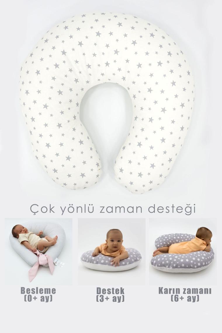 Emzirme Yastığı, Bebek Destek Minderi, Hamile Yastığı Pamuklu Kumaş, Küçük Yıldız Serisi, Gri