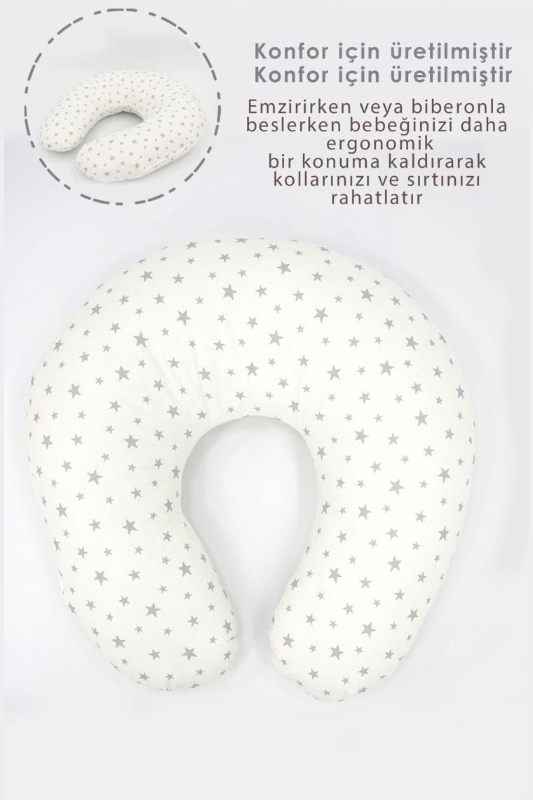 Emzirme Yastığı, Bebek Destek Minderi, Hamile Yastığı Pamuklu Kumaş, Küçük Yıldız Serisi, Gri