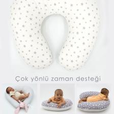 Emzirme Yastığı, Bebek Destek Minderi, Hamile Yastığı Pamuklu Kumaş, Küçük Yıldız Serisi, Gri