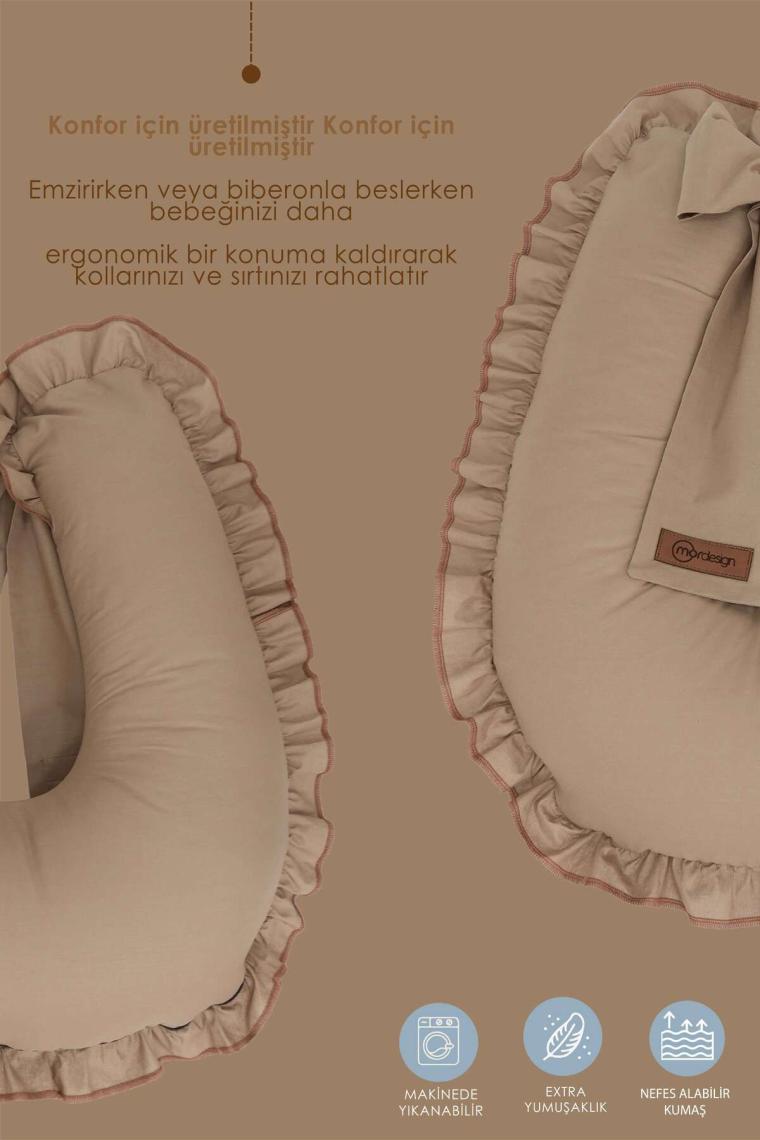 Fırfırlı Emzirme Yastığı, Bebek Destek Minderi, Hamile Yastığı, Pamuk Kumaş, Ruffle Seri, Kapiçino