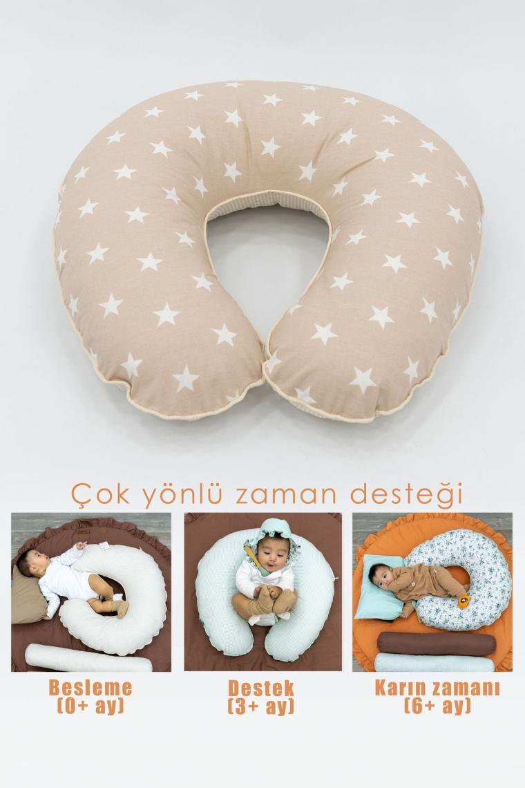 Çift Taraflı Emzirme Yastığı /bebek Destek Minderi, Hamile Yastığı, Pamuk Kumaş, Yıldız Seri, Kahve
