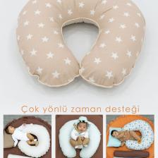 Çift Taraflı Emzirme Yastığı /bebek Destek Minderi, Hamile Yastığı, Pamuk Kumaş, Yıldız Seri, Kahve