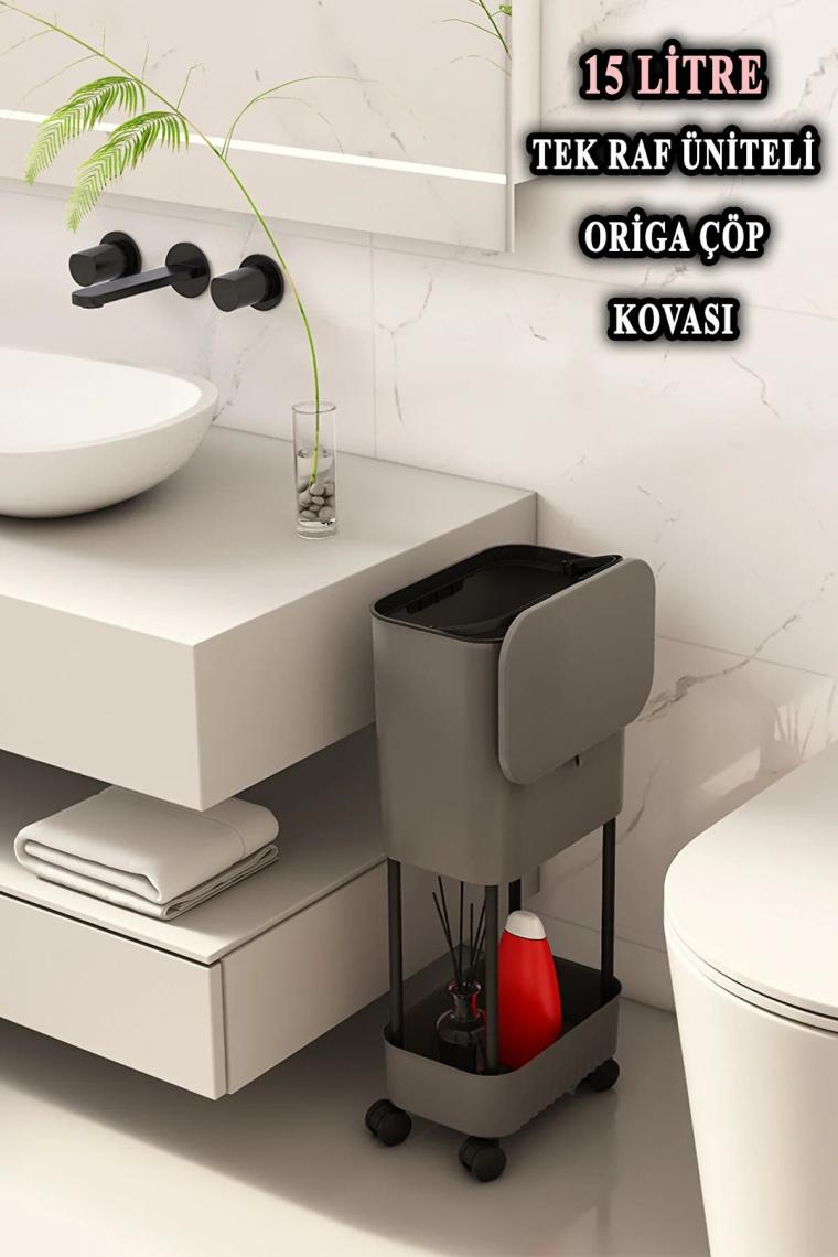 15 Litre Tek Raf Üniteli Tekerlekli Fonksiyonel Kapaklı Banyo Ve Mutfak Çöp Kovası