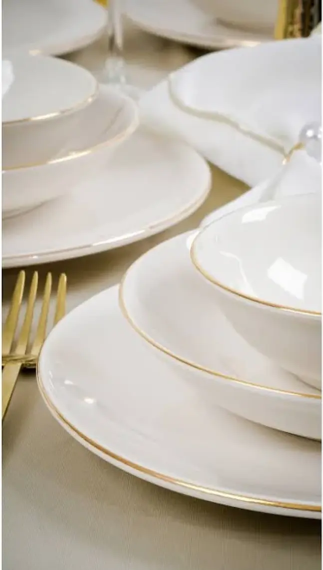 Heda Porselen Hayal Altın Yaldız 18 Parça 6 Kişilik Porselen Yemek Takımı Kırık Beyaz