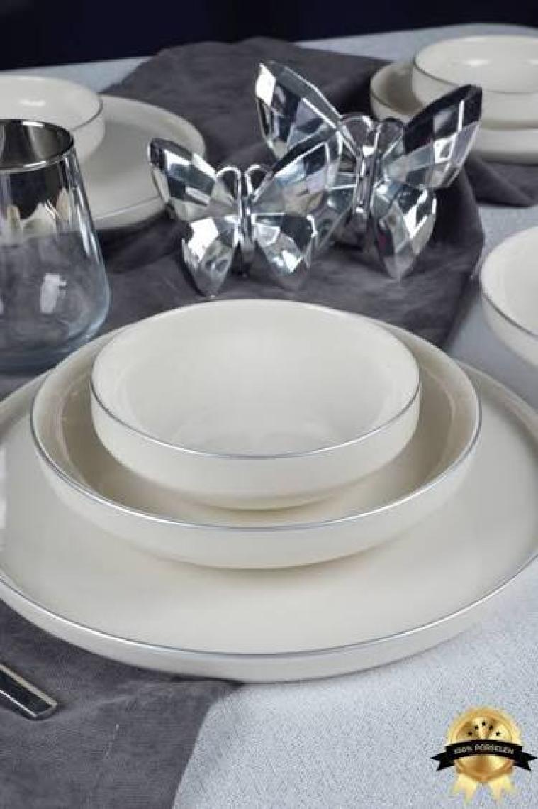 Heda Porselen Rüya Platin Yaldız 18 Parça 6 Kişilik Porselen Yemek Takımı Kırık Beyaz