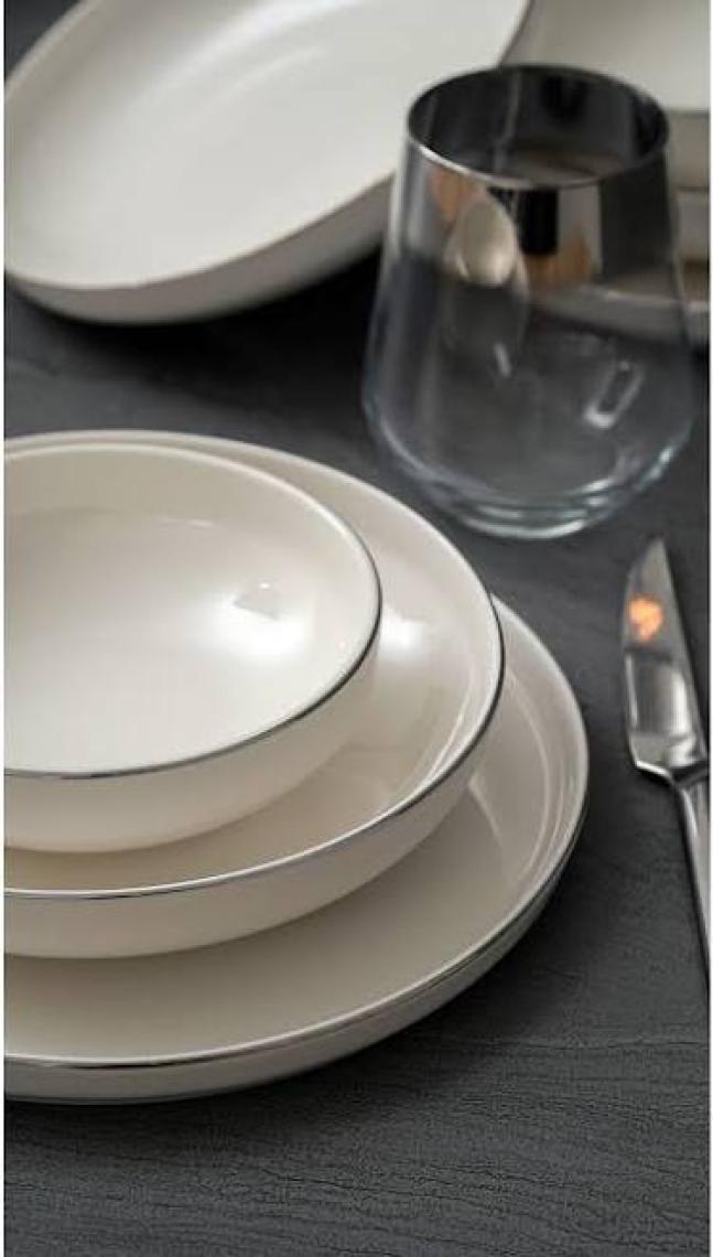 Heda Porselen Rüya Platin Yaldız 18 Parça 6 Kişilik Porselen Yemek Takımı Kırık Beyaz