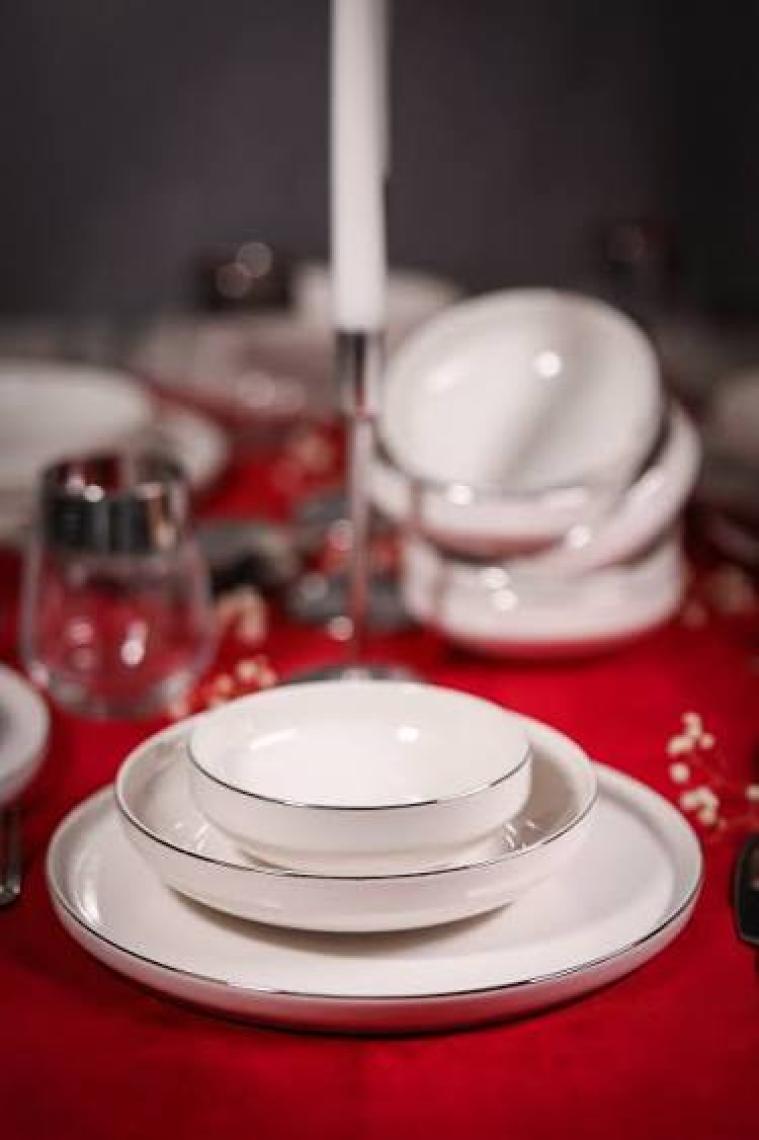 Heda Porselen Rüya Platin Yaldız 18 Parça 6 Kişilik Porselen Yemek Takımı Kırık Beyaz