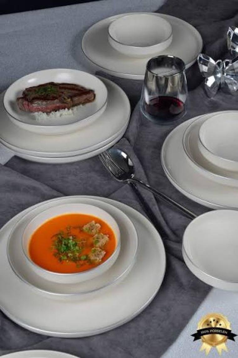 Heda Porselen Rüya Platin Yaldız 18 Parça 6 Kişilik Porselen Yemek Takımı Kırık Beyaz